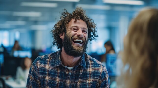 Bearded Man Laughing Joyfully in Modern Office Setting