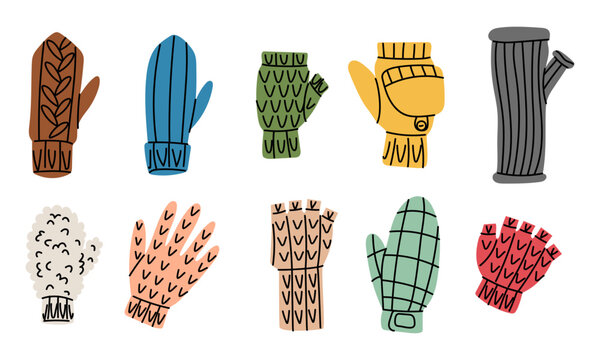 set of multicolored knitted, fur gloves, mittens, fingerless gloves of various knit patterns. Flat color illustration. Single diverse elements of clothing. Cozy fashion accessories for cold winter