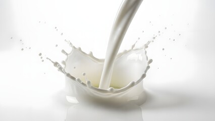 Milk pouring creates a dynamic splash on a white background