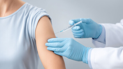 A healthcare professional administering a vaccine with a syringe to a patient's arm in a clinical setting.