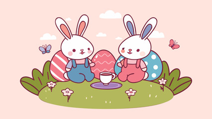 Obraz premium Two adorable cartoon bunnies wearing overalls sit in a grassy field with colorful easter eggs and butterflies enjoying a cup of tea on a pastel background