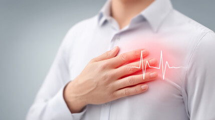 A man holds his chest, indicating heart discomfort, with an ECG line overlay suggesting medical attention.