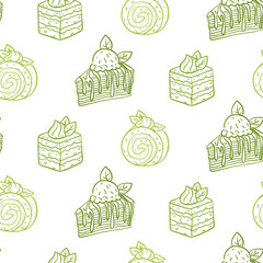 Seamless pattern with hand-drawn colored outline illustrations of matcha desserts. Layered pancake cake with ice cream, roll, sponge cake with cream for packaging food products or decorating cafes