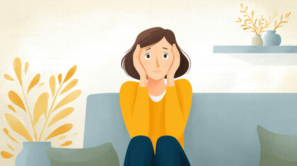 A woman sits on a couch, looking stressed and overwhelmed, seeking calm in a busy world with soft decor.