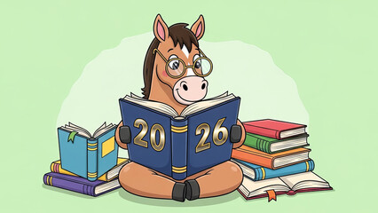 Cartoon horse wearing glasses reading a book sitting among other books