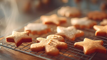 Tray of cookies with stars and a gingerbread man on it. The cookies are on a cooling rack