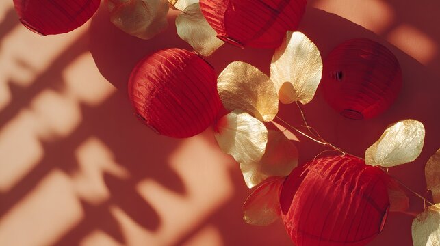 Bunch of red lanterns are hanging from a branch. The lanterns are gold and red, and they are arranged in a way that creates a shadow on the wall. The scene has a warm and festive mood