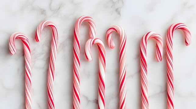 Row of candy cane sticks with red and white stripes. The image conveys a festive and cheerful mood, as the candy canes are often associated with the holiday season