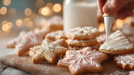 Person is decorating cookies with icing and a bottle of milk is on the table. The cookies are decorated with snowflakes and stars