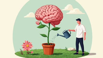 Man waters plant with brain in flowerpot on grass under cloudy sky in drawing. Concept for intelligence development, mental growth, and cognitive enhancement