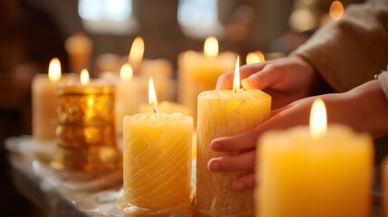 Person is holding a candle in their hand, surrounded by several other candles. Concept of warmth and comfort, as the candles are lit and glowing