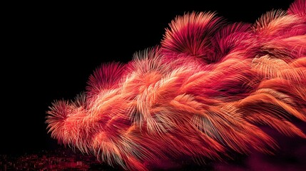 Firework display with a red and orange color scheme. The fireworks are in the air and are creating a beautiful and vibrant display