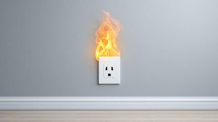 An electrical outlet igniting flames, symbolizing fire hazard and electrical dangers in homes and businesses.