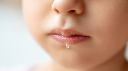 Close-up of a child's face, emphasizing innocence and emotions, with focus on a droplet near the lip.