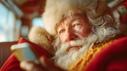 Man in a Santa hat is looking at his cell phone. He is wearing a red coat and a red hat
