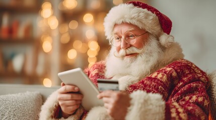 Smiling Santa Claus sitting on a couch holding a tablet and a credit card. Concept of warmth and joy, as the festive character is engaged in a modern activity like shopping online