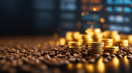 Close-up of golden coins placed on roasted coffee beans, creating a rich and luxurious atmosphere.