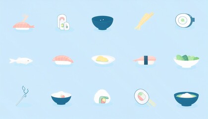 Food items like sushi and rice bowls on a vibrant blue background, perfect for menus, social media posts, and foodrelated designs.
