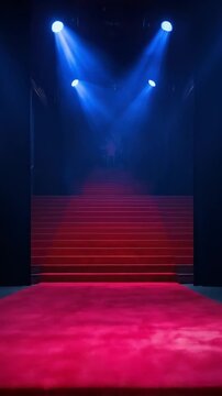 A luxurious red carpet unfurls up a grand, illuminated staircase, dramatically lit by piercing blue spotlights against a dark, mysterious background. The scene evokes a powerful sense of prestige, ach