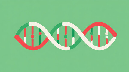 Colorful DNA strand illustration on a green background symbolizing genetics and biological research.