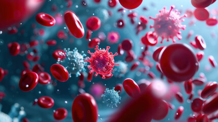 Close-up view of red blood cells and viruses interacting in a dynamic and colorful biological environment.
