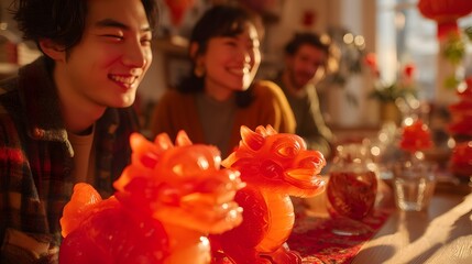 Group of people are sitting around a table with red dragon figurines on it. The atmosphere is cheerful and festive, as the people are smiling and enjoying each other's company