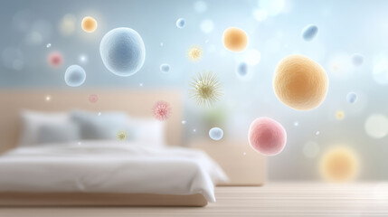 Colorful microbes floating in a serene bedroom, depicting the invisible world of bacteria and viruses.