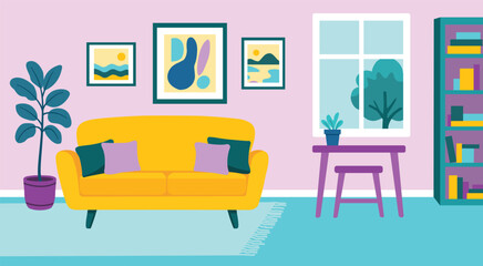 Bright modern living room interior with yellow sofa, houseplants, wall art and bookshelf. Colorful flat illustration of cozy home design, stylish decor and comfortable contemporary space.