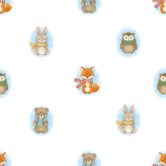 Seamless Pattern of Cute Woodland Animals in Winter Scarves