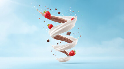 Creamy dessert swirl with chocolate and strawberries, set against a bright blue sky background, inviting and delicious.