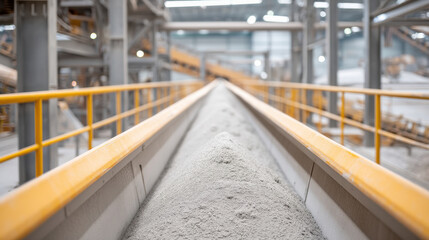 Conveyor belt transporting material in modern industrial facility, showcasing efficient production process and machinery.