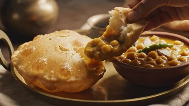 Crispy Bhatura Dipping into Spicy Chana Masala Chickpea Curry - Traditional Indian Street Food Meal.