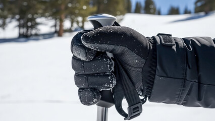 Skier's gloved hand grips ski pole tightly for balance and control while traversing snowy mountain, highlighting importance of proper winter gear. Skier’s gloved hand maintains firm grip.