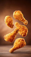 Delicious golden fried chicken pieces floating in mid-air, perfect for food lovers and culinary presentations.