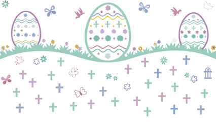 Pastel easter eggs and crosses with butterflies and birds on a white background with green grass and small flowers