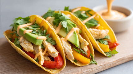 Delicious tacos filled with grilled chicken, fresh vegetables, and drizzled with spicy sauce, perfect for any meal.