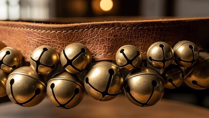 Sleigh bells on leather strap for festive holiday décor, vintage design. Sleigh bells on leather detail showcases craftsmanship, rich texture, and golden tones.