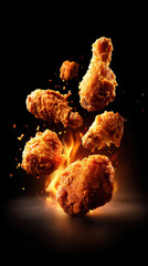 Golden fried chicken pieces crispy, falling through the air with flames, evoking a sense of delicious excitement.