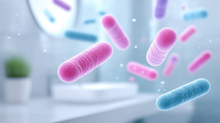Illustration of colorful bacteria in a bathroom environment, symbolizing cleanliness and hygiene.