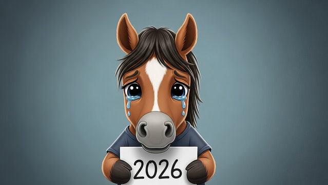 Cartoon horse crying while holding a sign that reads the year twenty twenty six