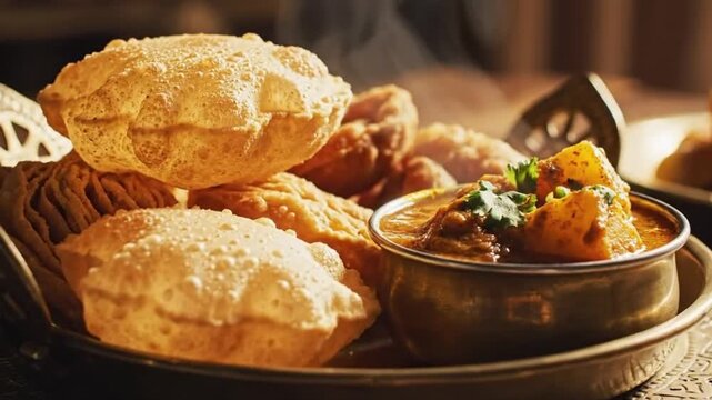 Close-up shot of a traditional Indian dish, featuring puffed bread and a curry.
