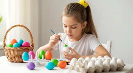 Young girl painting colorful easter eggs at a table with a basket