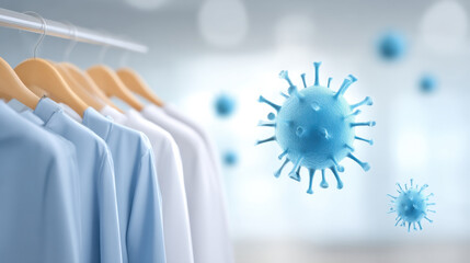 Virus illustration among clothing, symbolizing hygiene and health safety in fashion retail.