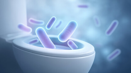 Visual representation of bacteria emerging from a toilet, illustrating hygiene and health concerns in modern environments.