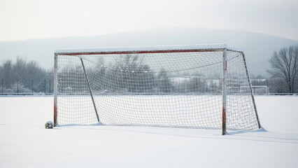 Snow on soccer goal post illuminates winter sports field, creating picturesque scene, snow on soccer goal post stands as stark contrast against the frosted landscape. 