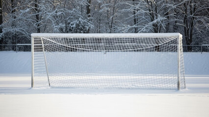 Snow on soccer goal post creates a winter sports scene with an empty net covered in pristine white. Snow covers field and surrounding trees, a landscape transformed by winter weather.