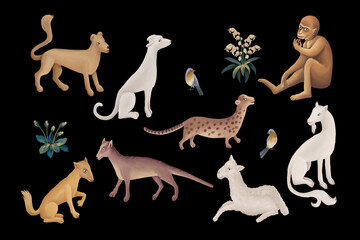 Drawn clip art set in medieval tapestries style with different animals isolated 