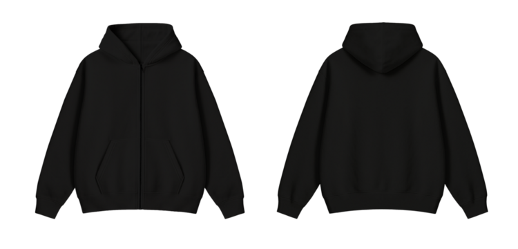 Black Zipper Hoodie Mockup Front and Back on Transparent Background