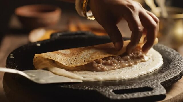 Authentic Masala Dosa Preparation - Rolling the Crispy Crepe on a Hot Iron Tawa Griddle