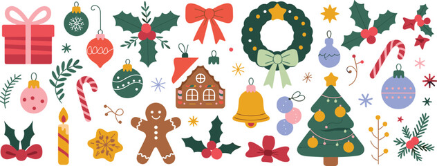 Colorful flat vector Christmas collection featuring tree, wreath, gift, gingerbread, and festive holiday ornaments.